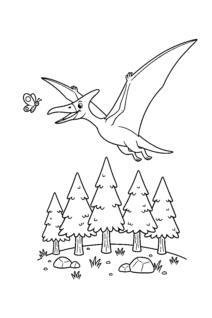 pteranodon dinosaur chasing a butterfly in a pine forest line art