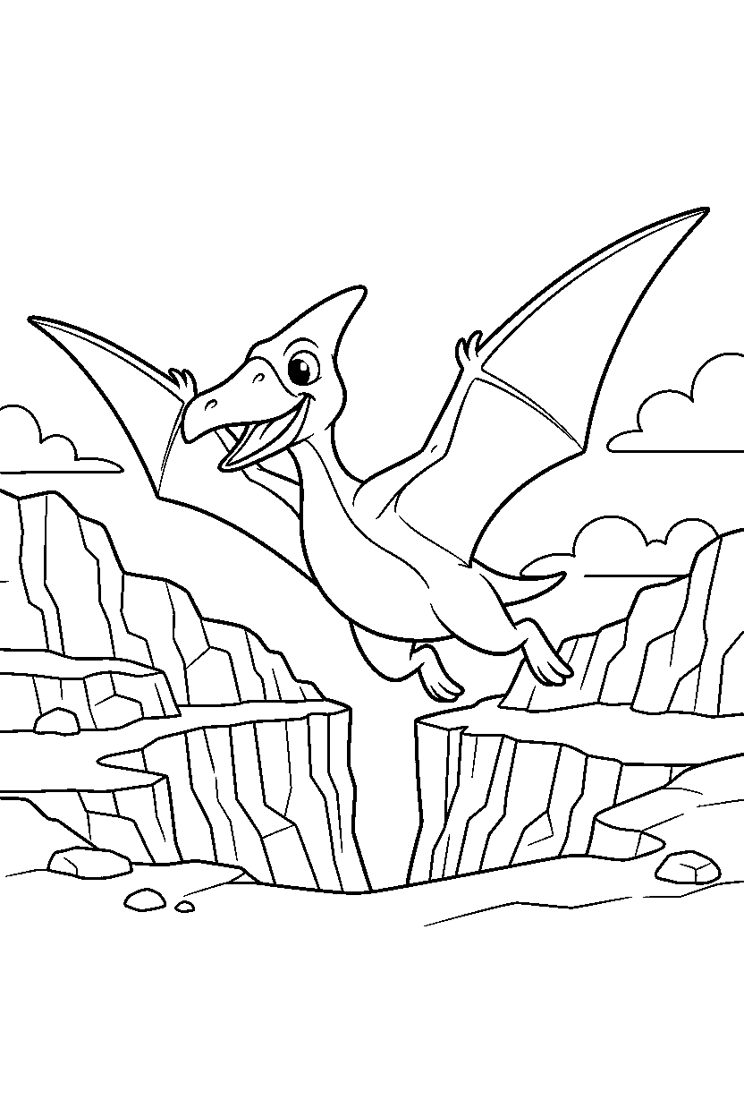 pteranodon dinosaur jumping playfully near a rocky canyon line art