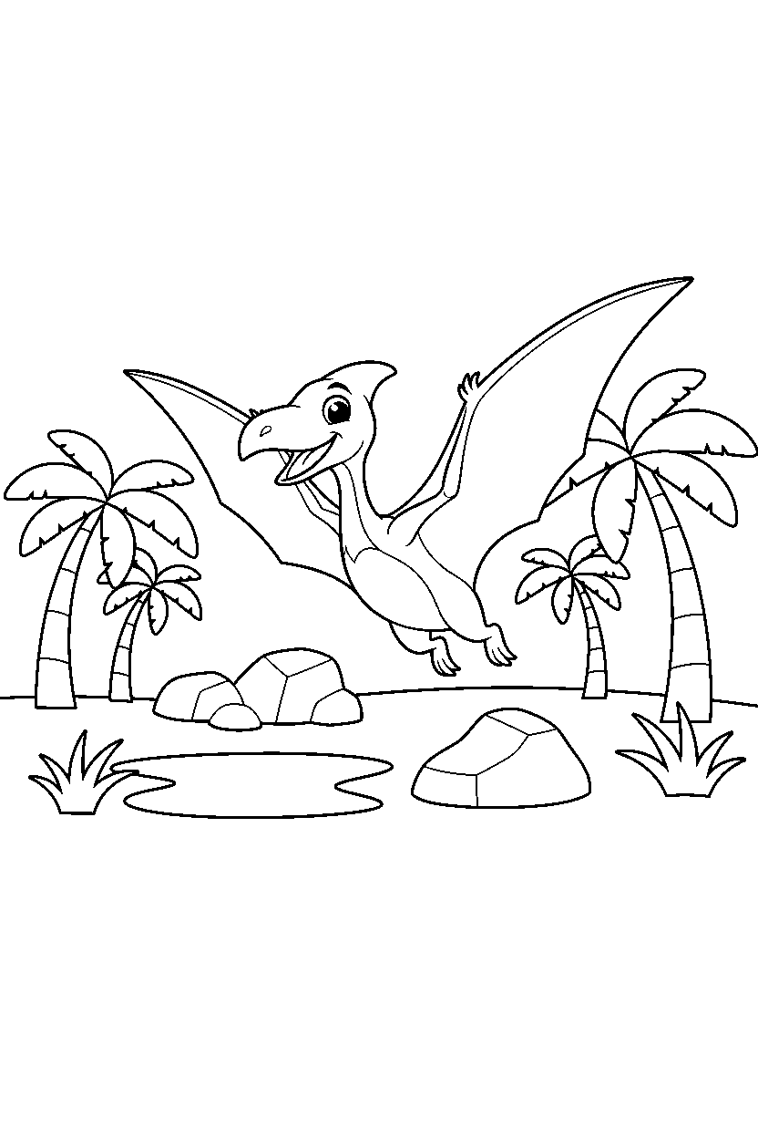 pteranodon dinosaur playing happily in a palm grove line art
