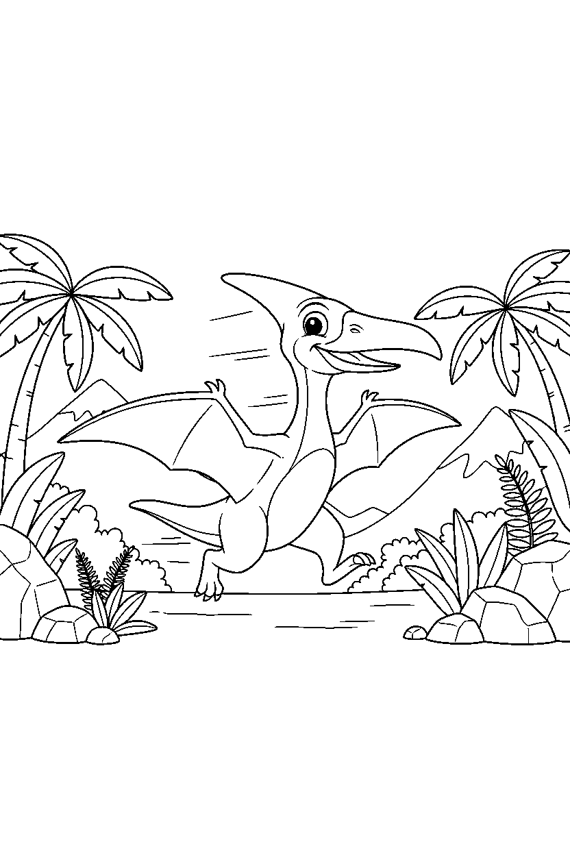 pteranodon dinosaur running happily near a jungle clearing line art