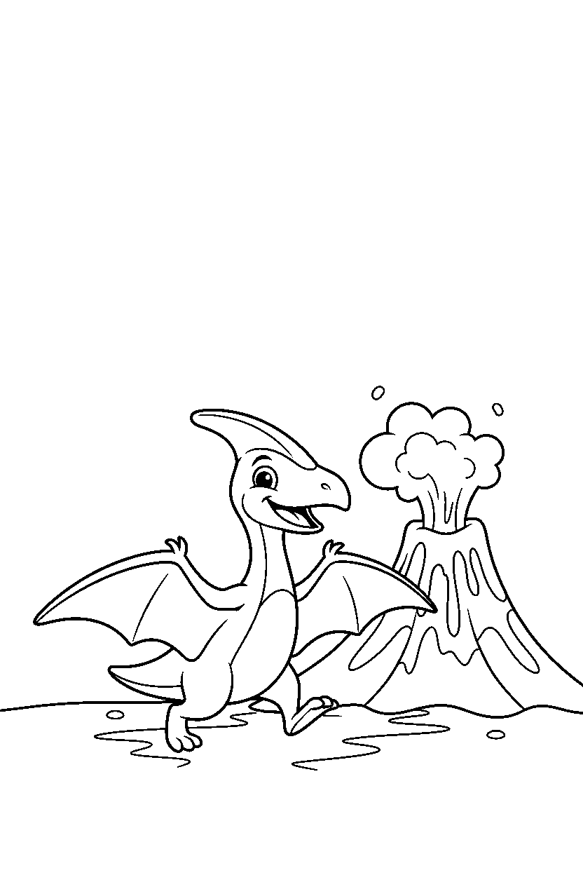 pteranodon dinosaur walking happily near a volcano line art