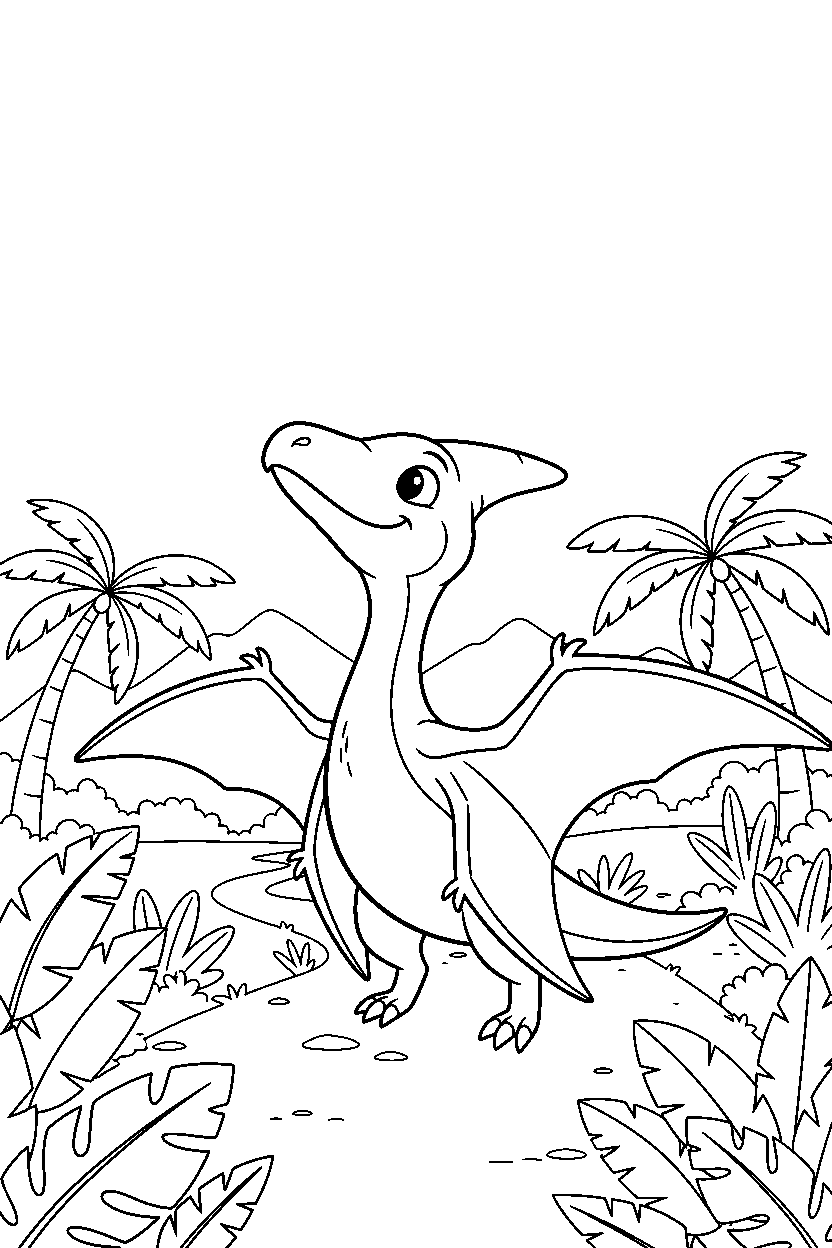 pteranodon dinosaur watching the sky on a jungle trail line art