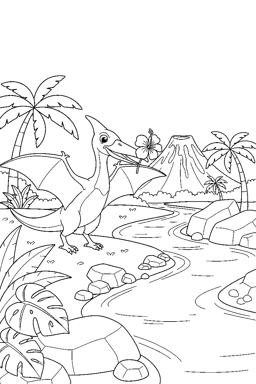 pteranodon holding a flower beside a jungle river line art