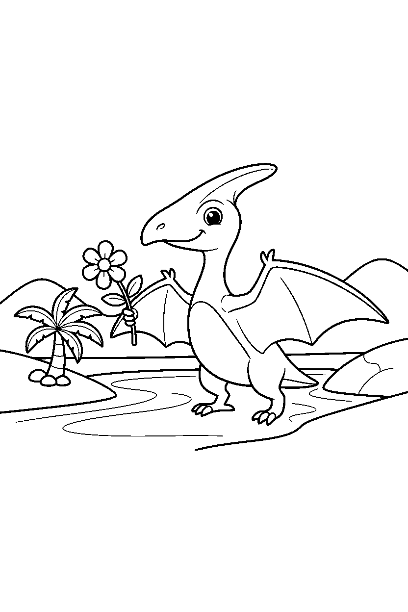 pteranodon holding a flower beside a shallow stream line art