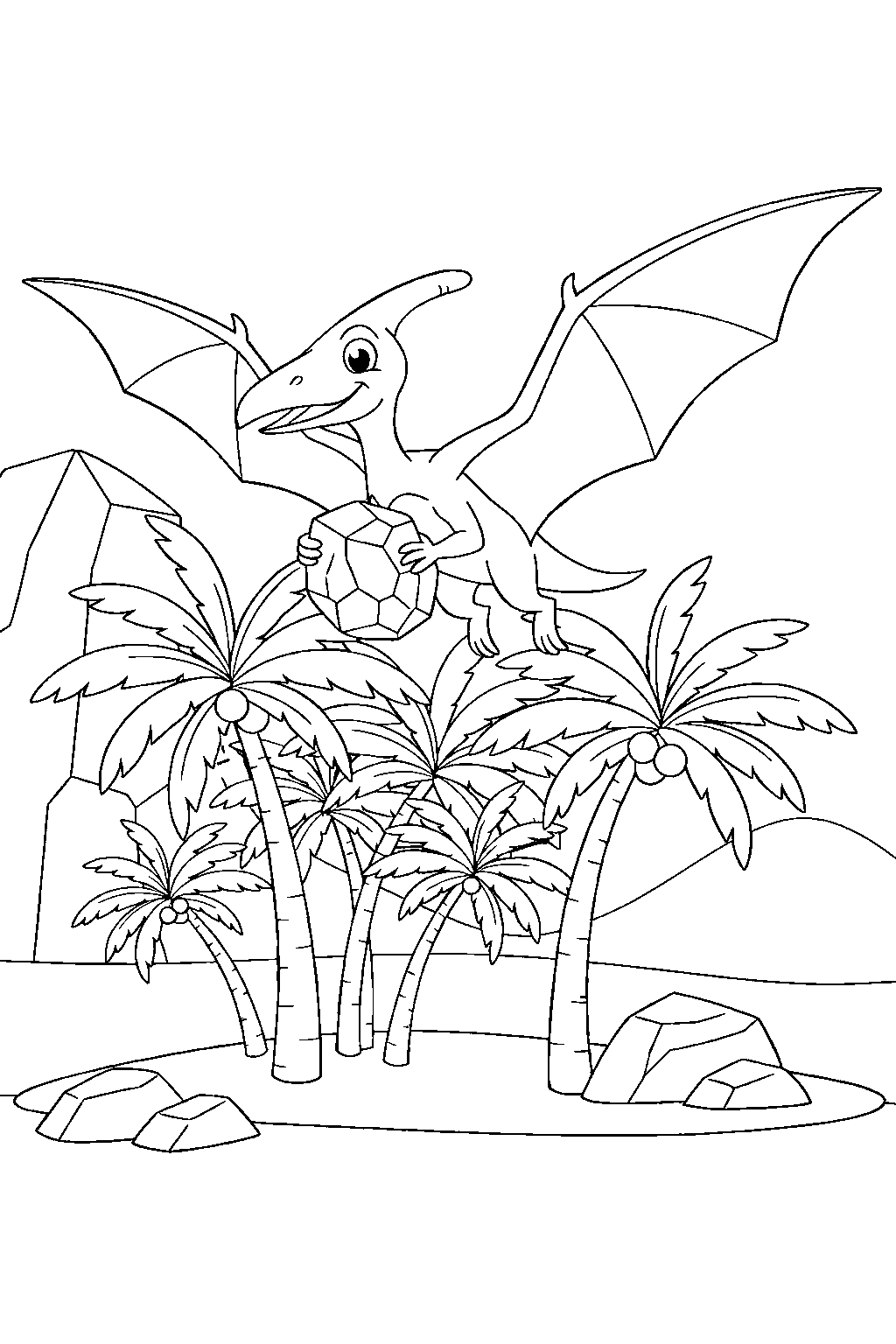 pteranodon holding a rock in a palm grove line art