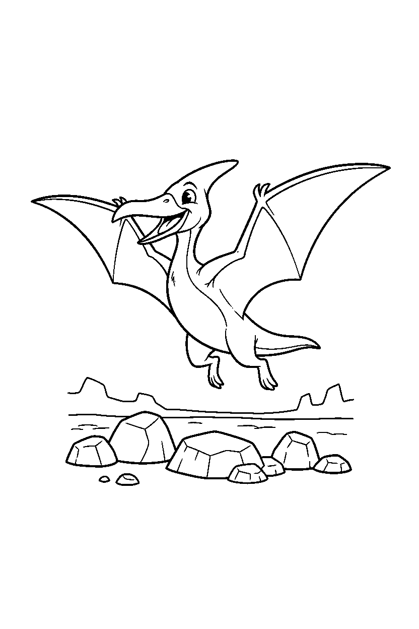 pteranodon jumping playfully in a rocky field line art