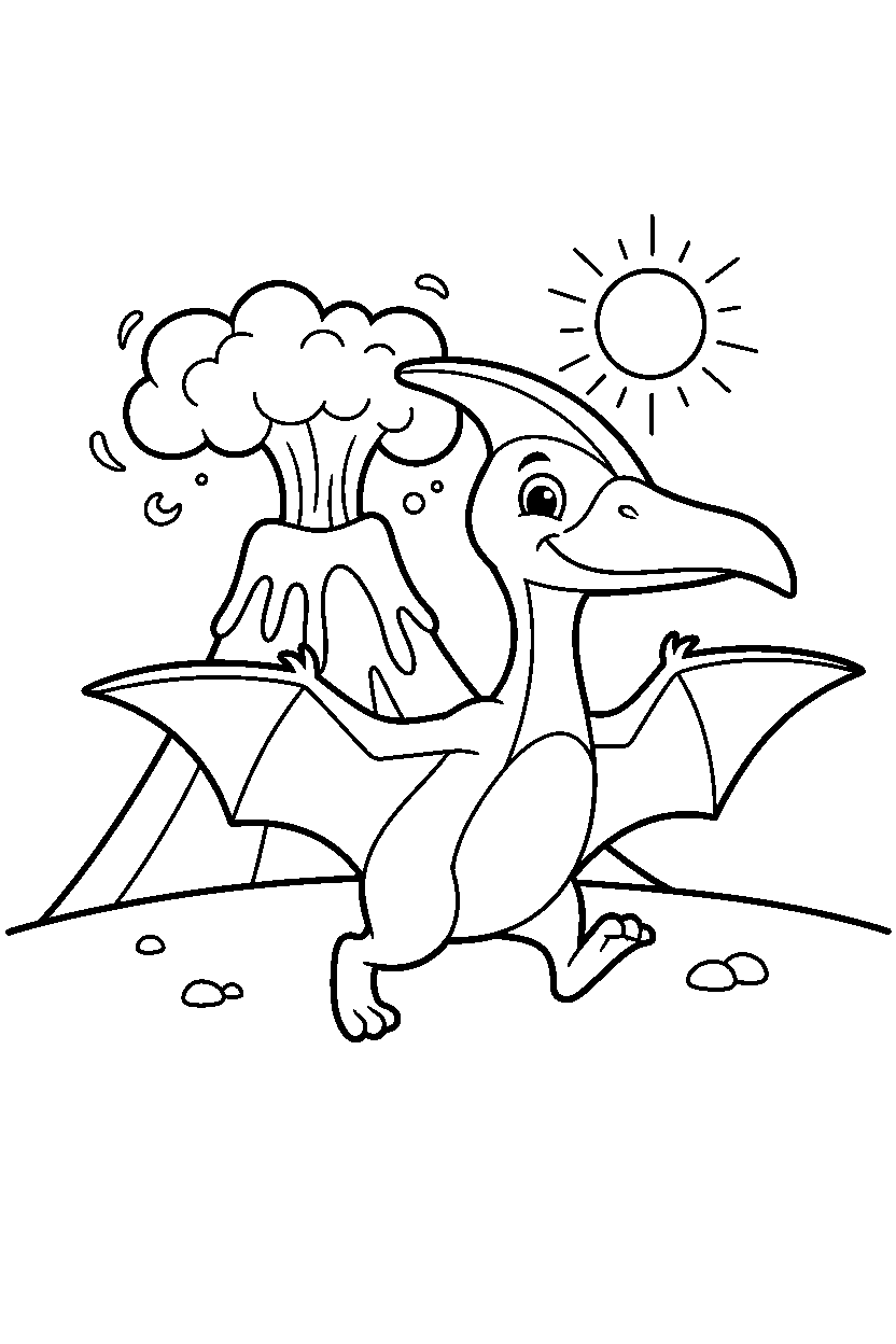 pteranodon marching playfully near a volcano line art
