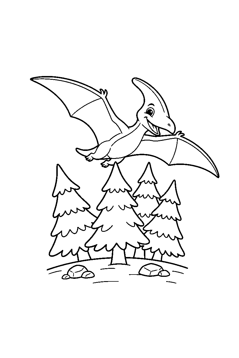 pteranodon playing happily in a pine forest line art