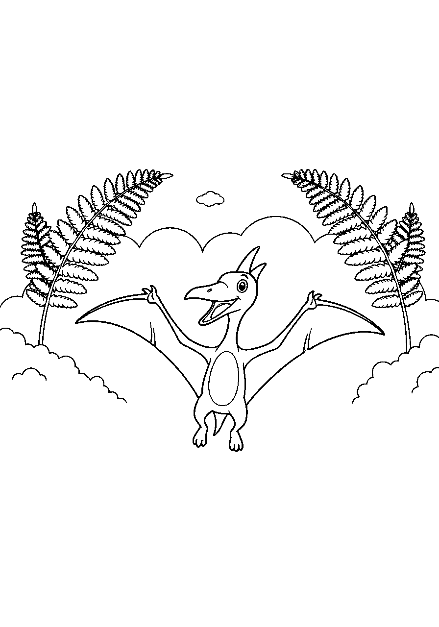 pteranodon playing happily under giant ferns line art