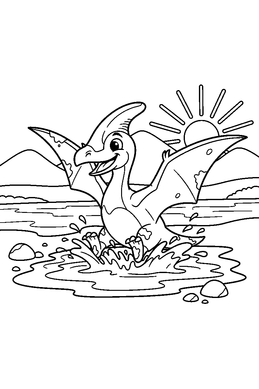 pteranodon playing in mud by a river line art