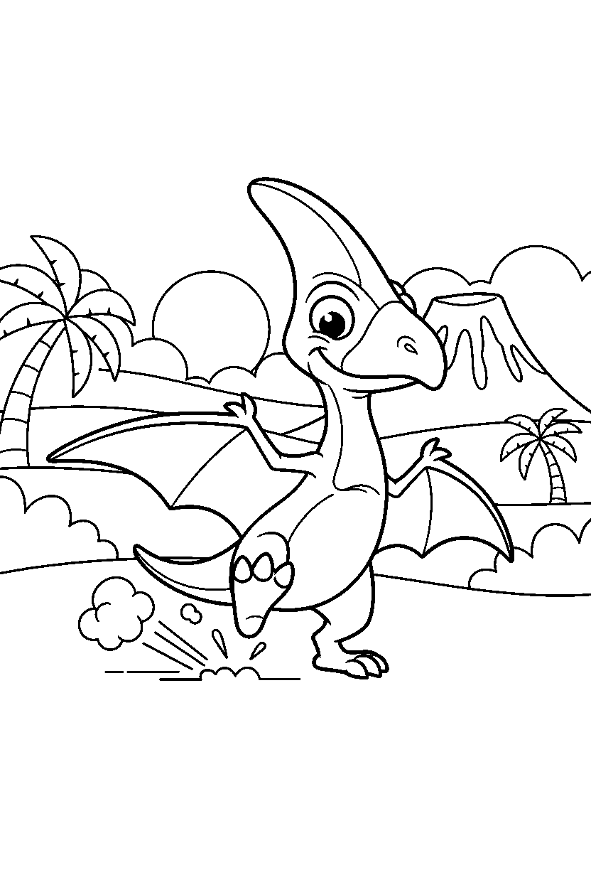 pteranodon stomping playfully in a warm prehistoric valley line art