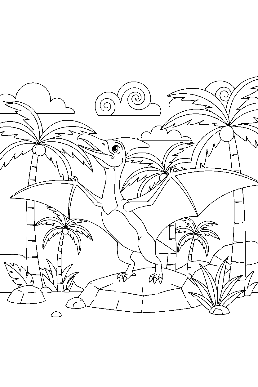 pteranodon watching the sky in a palm grove line art