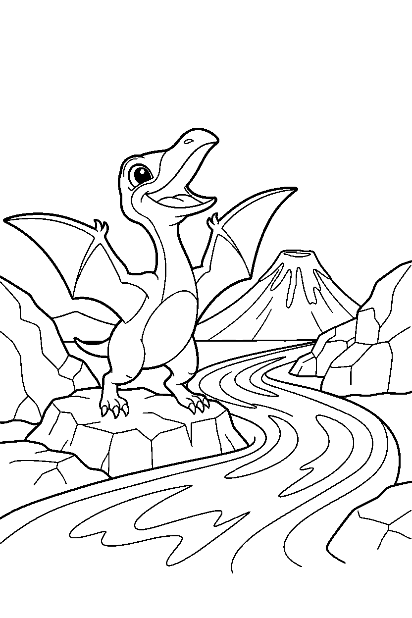 pterodactyl cheering happily near a lava stream line art