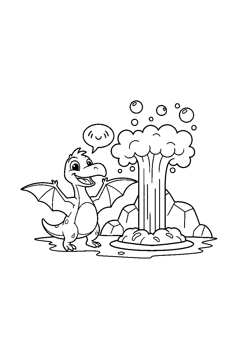 pterodactyl dinosaur cheering happily near a bubbling geyser line art
