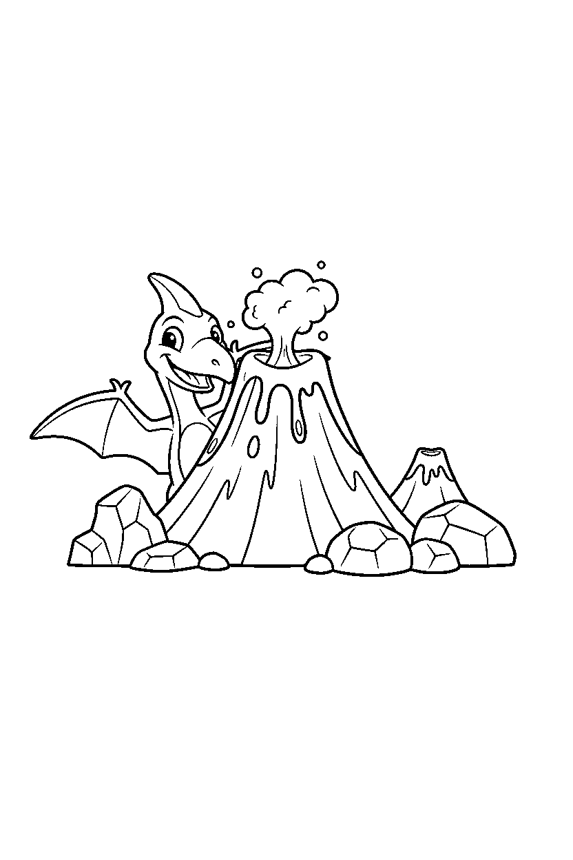 pterodactyl dinosaur hiding playfully near a volcanic field line art