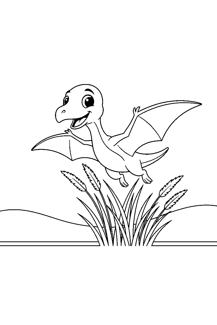 pterodactyl dinosaur playing happily near tall grasses line art
