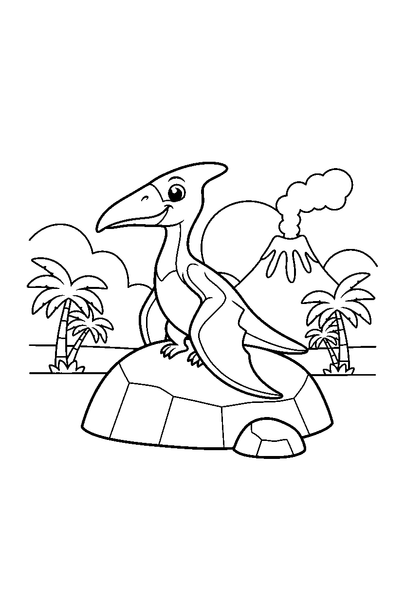 pterodactyl dinosaur resting calmly in a warm prehistoric valley line art
