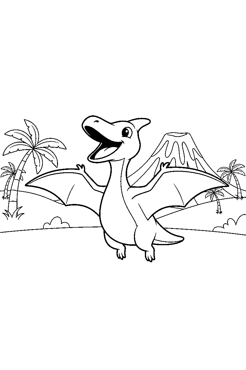 pterodactyl dinosaur roaring happily in a warm prehistoric valley line art