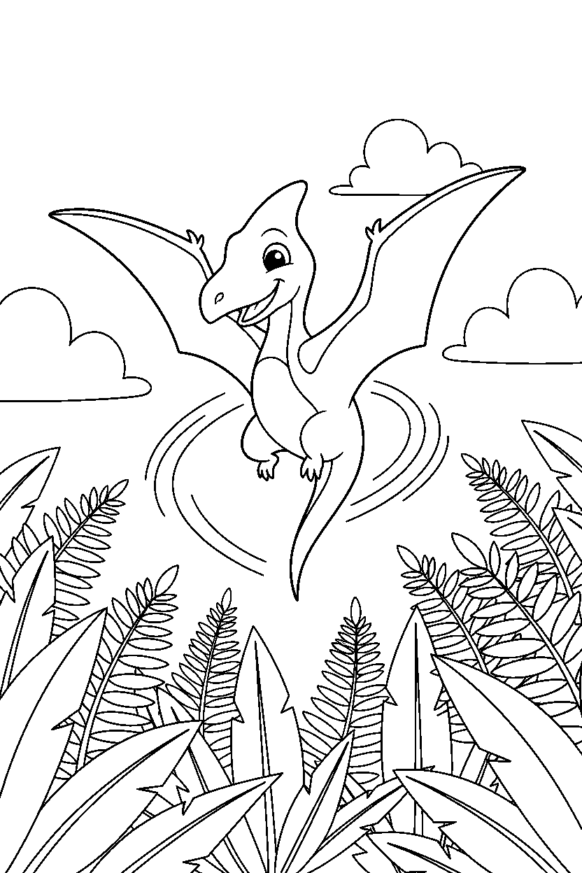 pterodactyl dinosaur spinning playfully in a fern forest line art