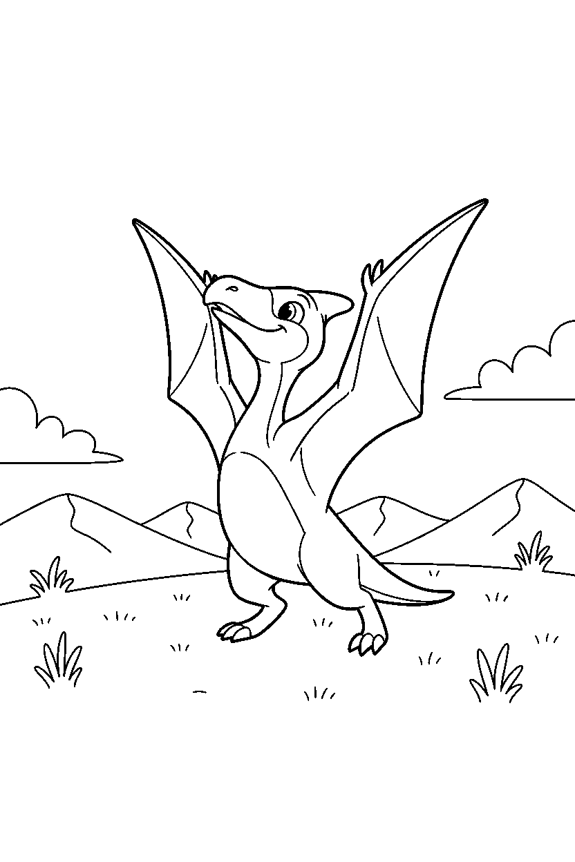 pterodactyl dinosaur stretching playfully on a wide grassland line art