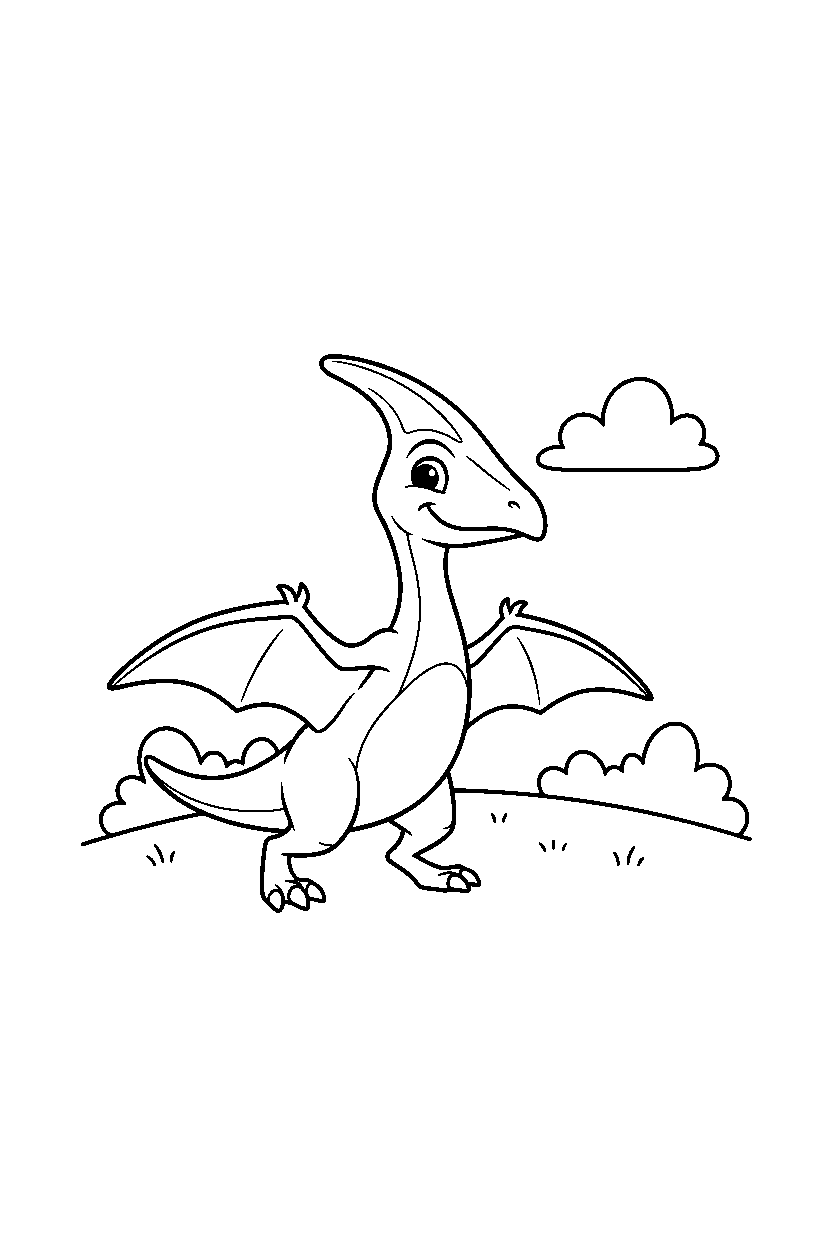 pterodactyl dinosaur walking proudly near a grassy hill line art