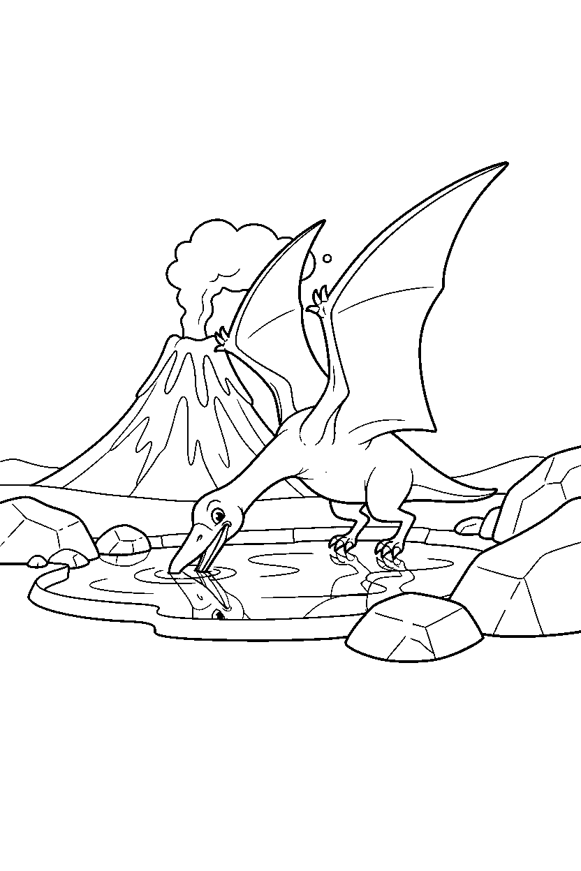 pterodactyl drinking water near a volcano line art