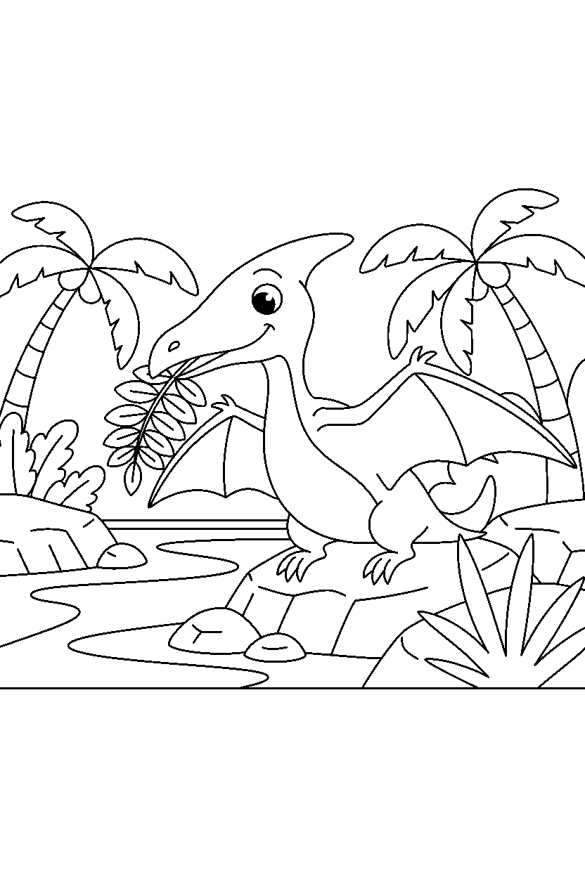 pterodactyl eating a plant beside a jungle river line art