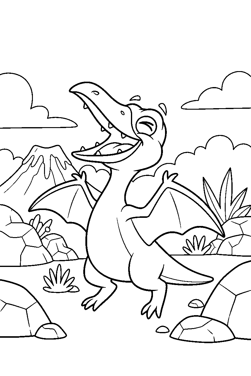 pterodactyl laughing playfully in a rocky field line art