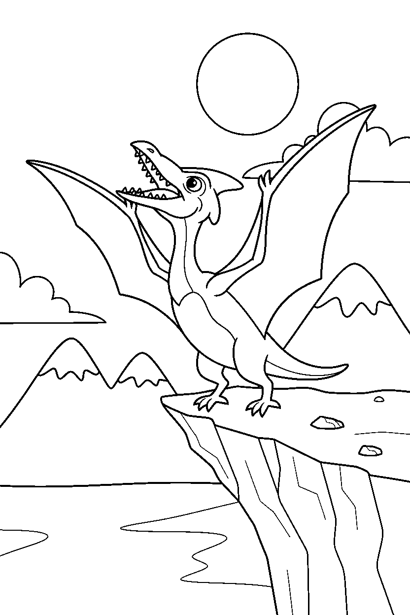 pterodactyl roaring at a cliff edge line art