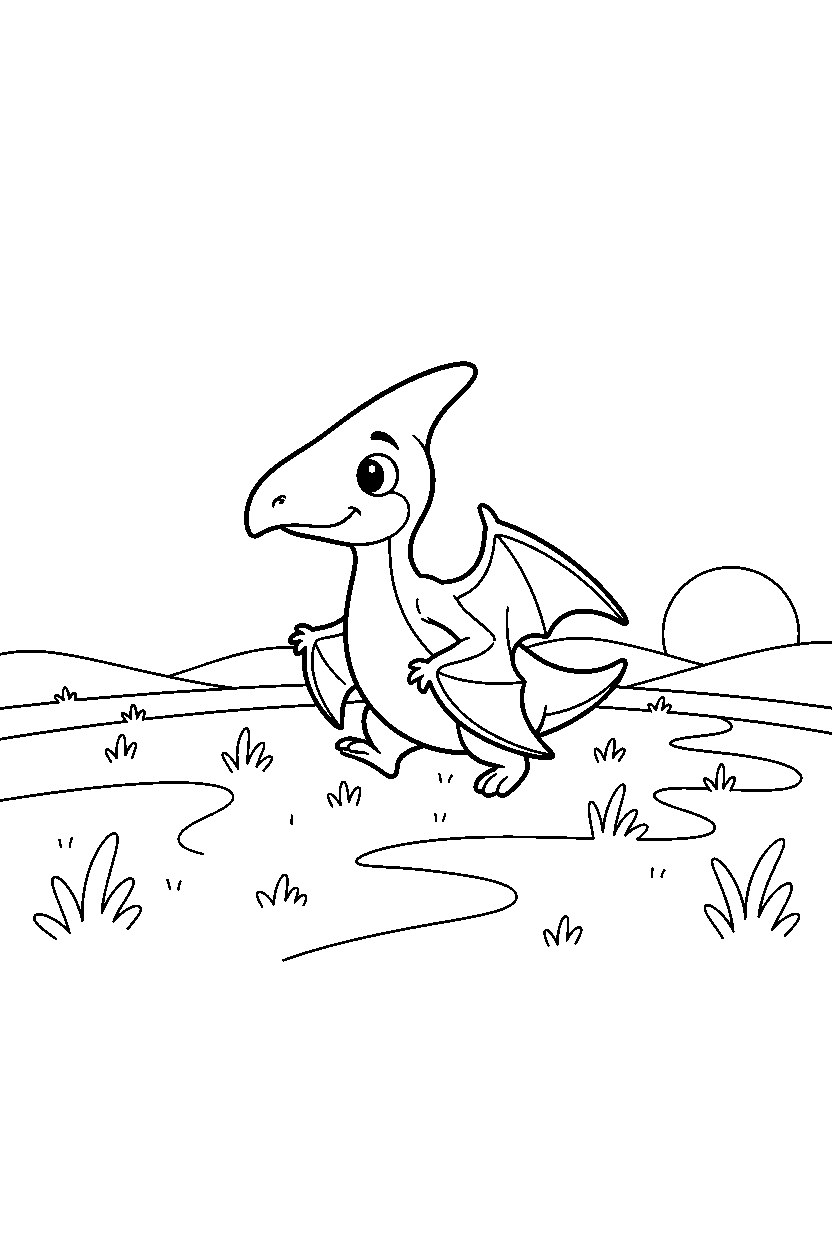 pterodactyl wandering curiously on a wide grassland line art