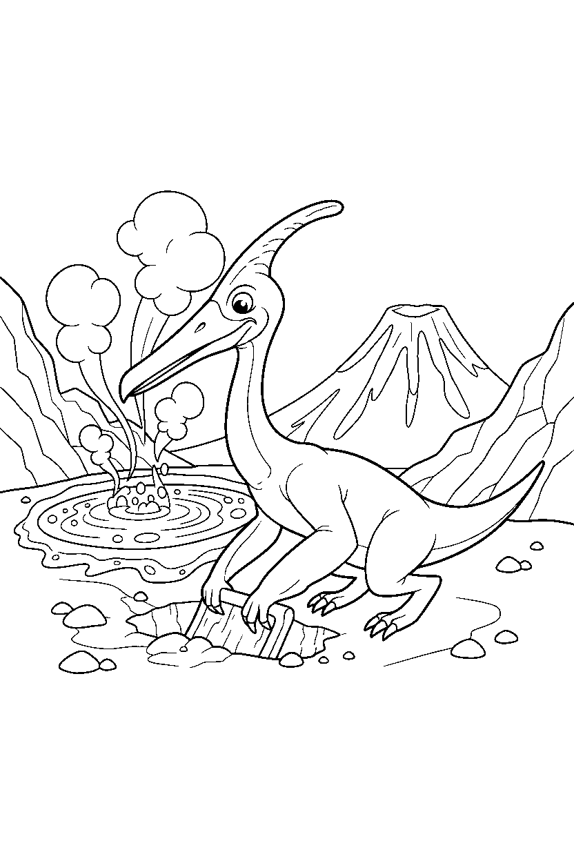 quetzalcoatlus digging the ground near bubbling lava line art