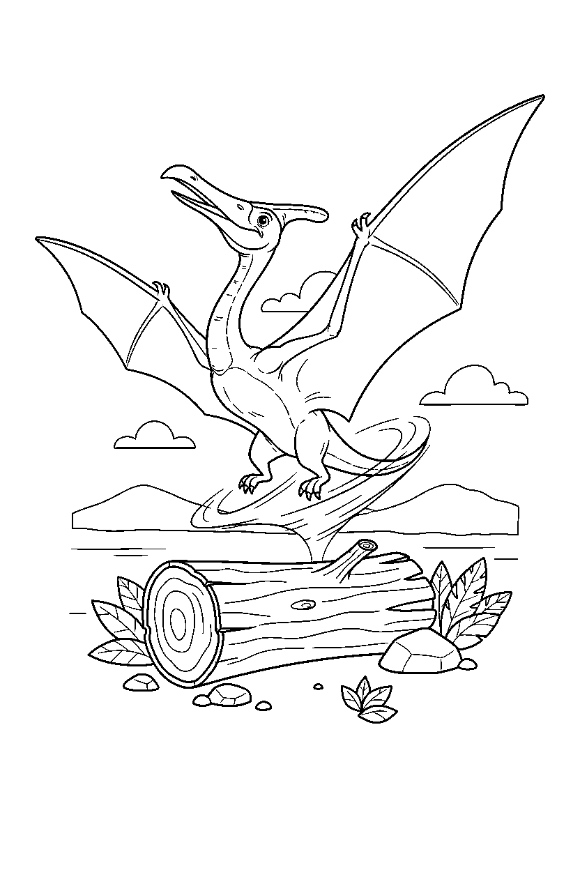 quetzalcoatlus dinosaur spinning playfully near a fallen log line art