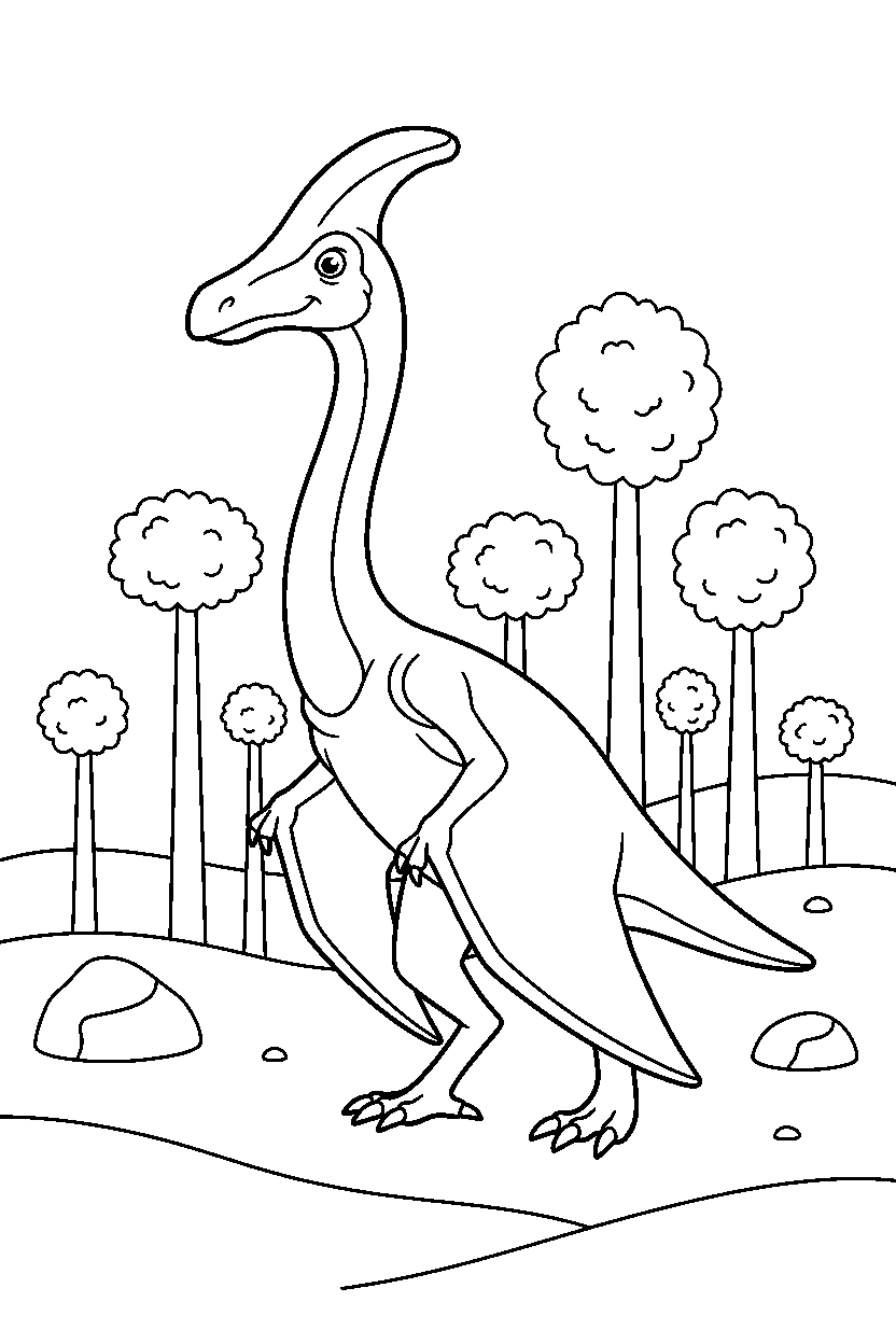 quetzalcoatlus dinosaur wandering curiously in a pine forest line art