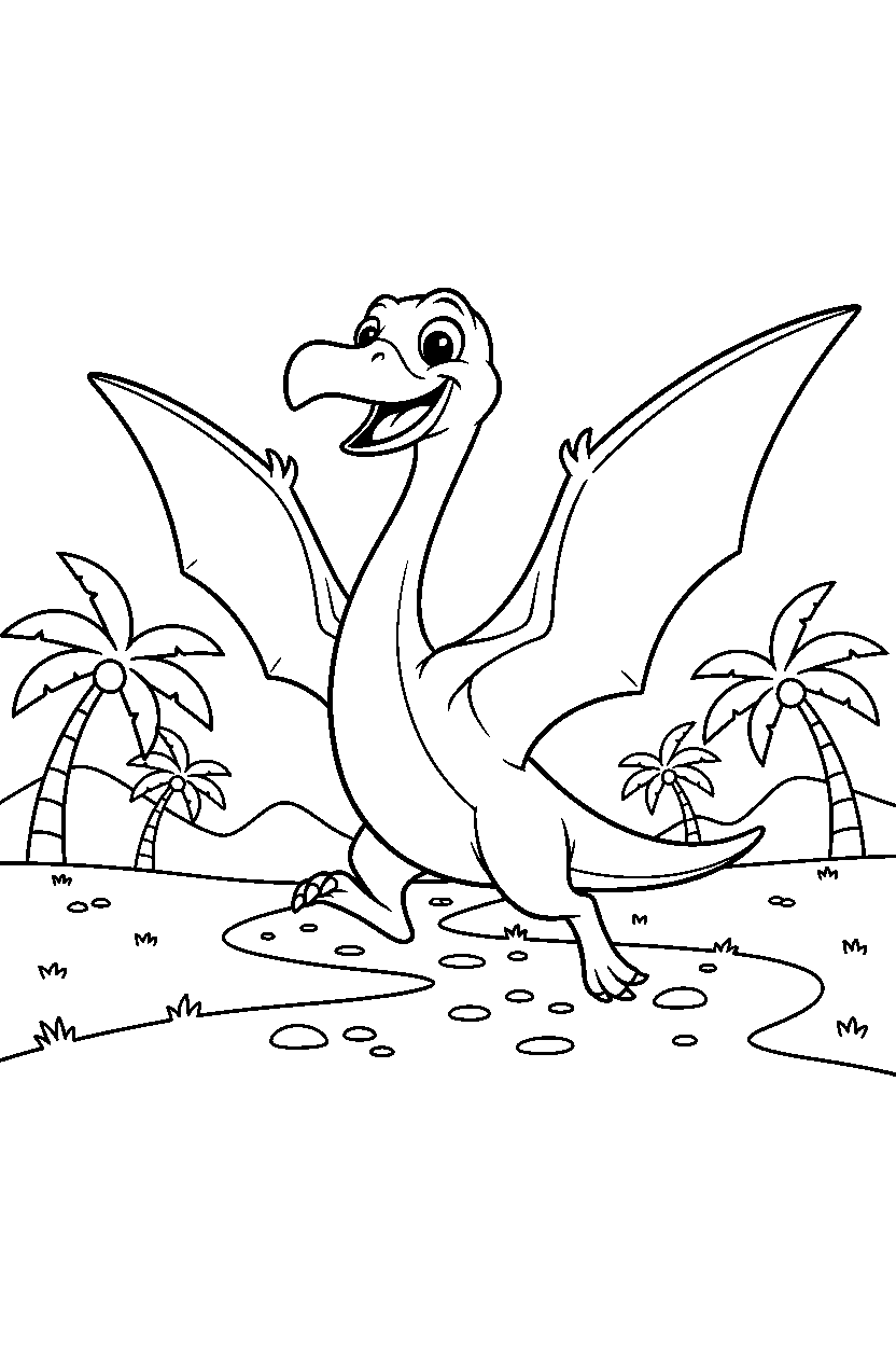 quetzalcoatlus playing happily on a dirt path line art