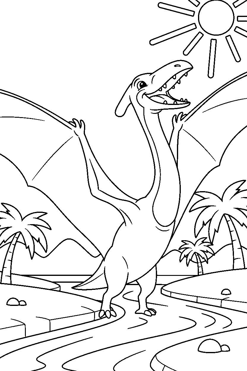 quetzalcoatlus roaring happily by a river line art