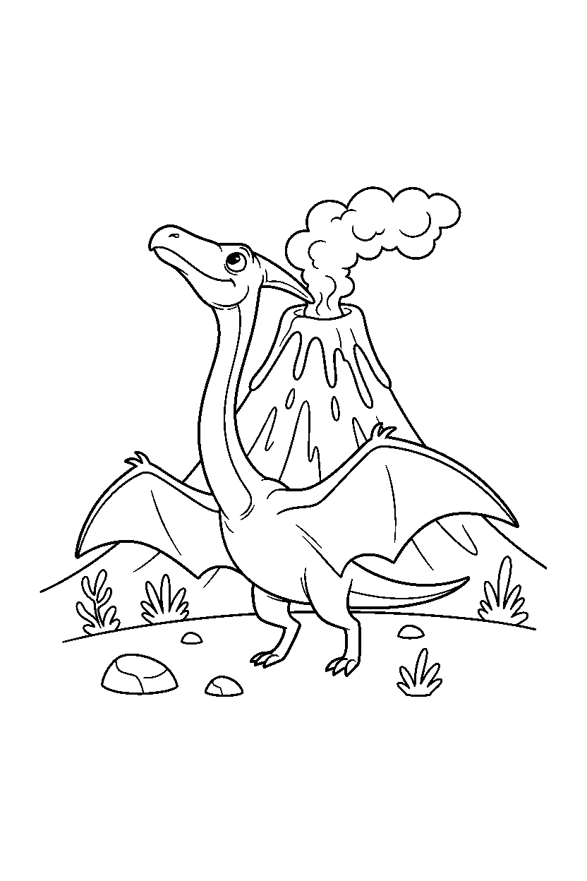 quetzalcoatlus watching the sky near a volcano line art