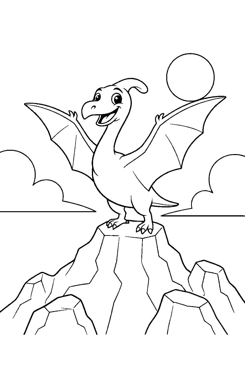 quetzalcoatlus waving happily on a rocky mountain line art