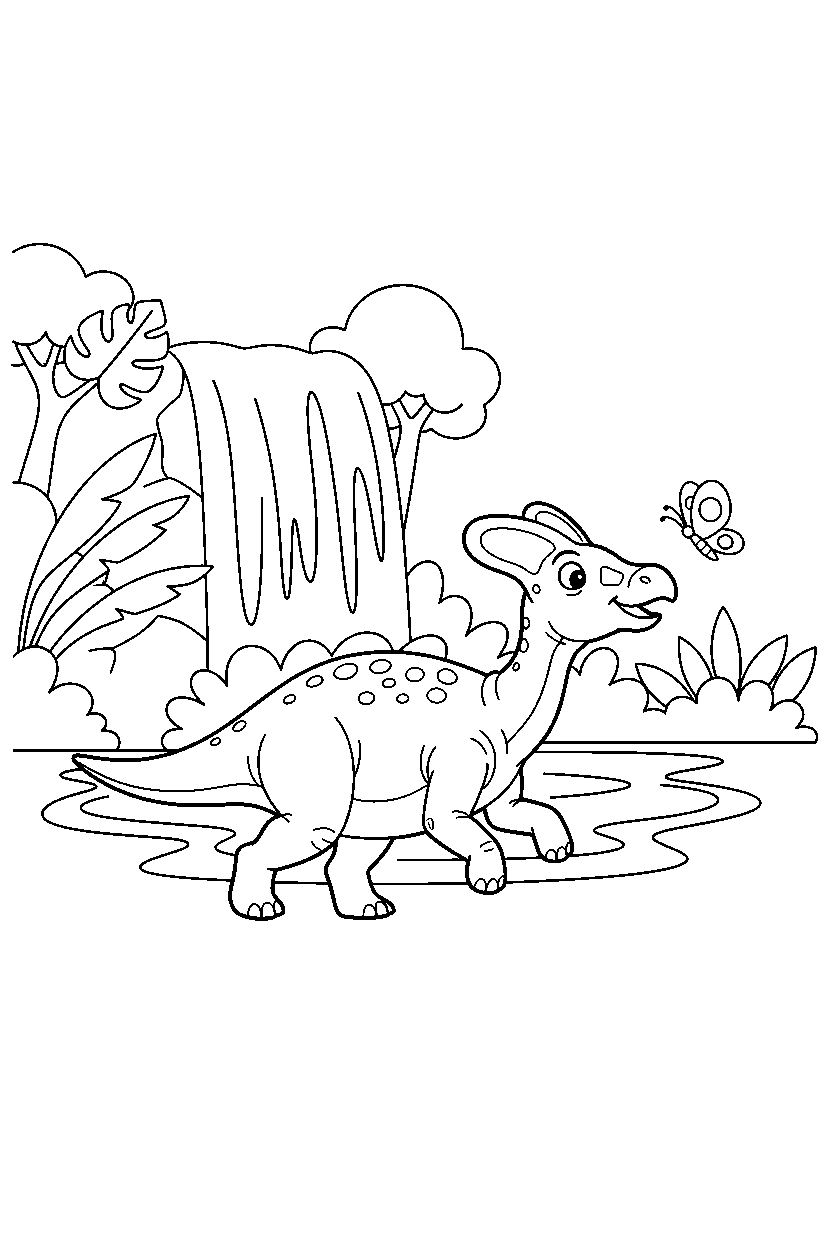 saurolophus chasing a butterfly near a jungle waterfall line art