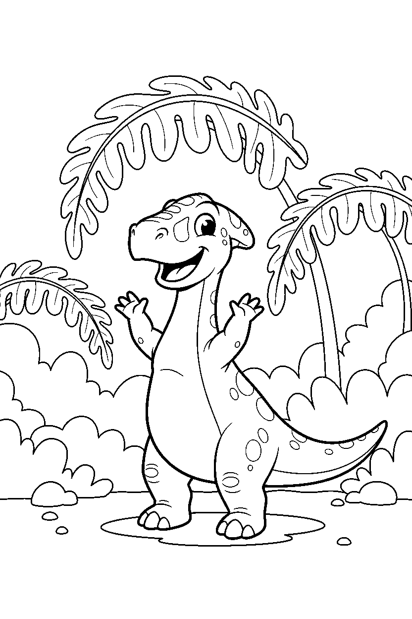 saurolophus dinosaur cheering happily under giant ferns line art