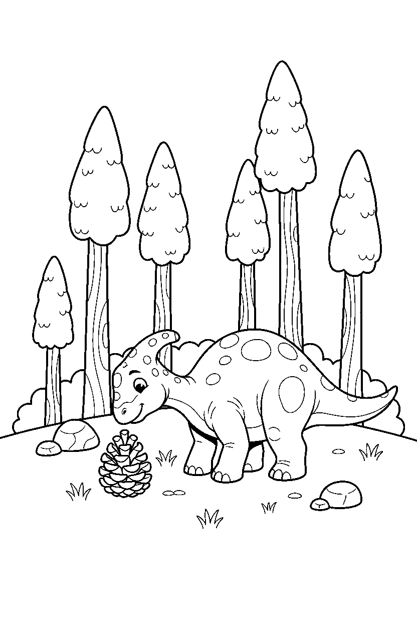 saurolophus dinosaur exploring curiously in a pine forest line art