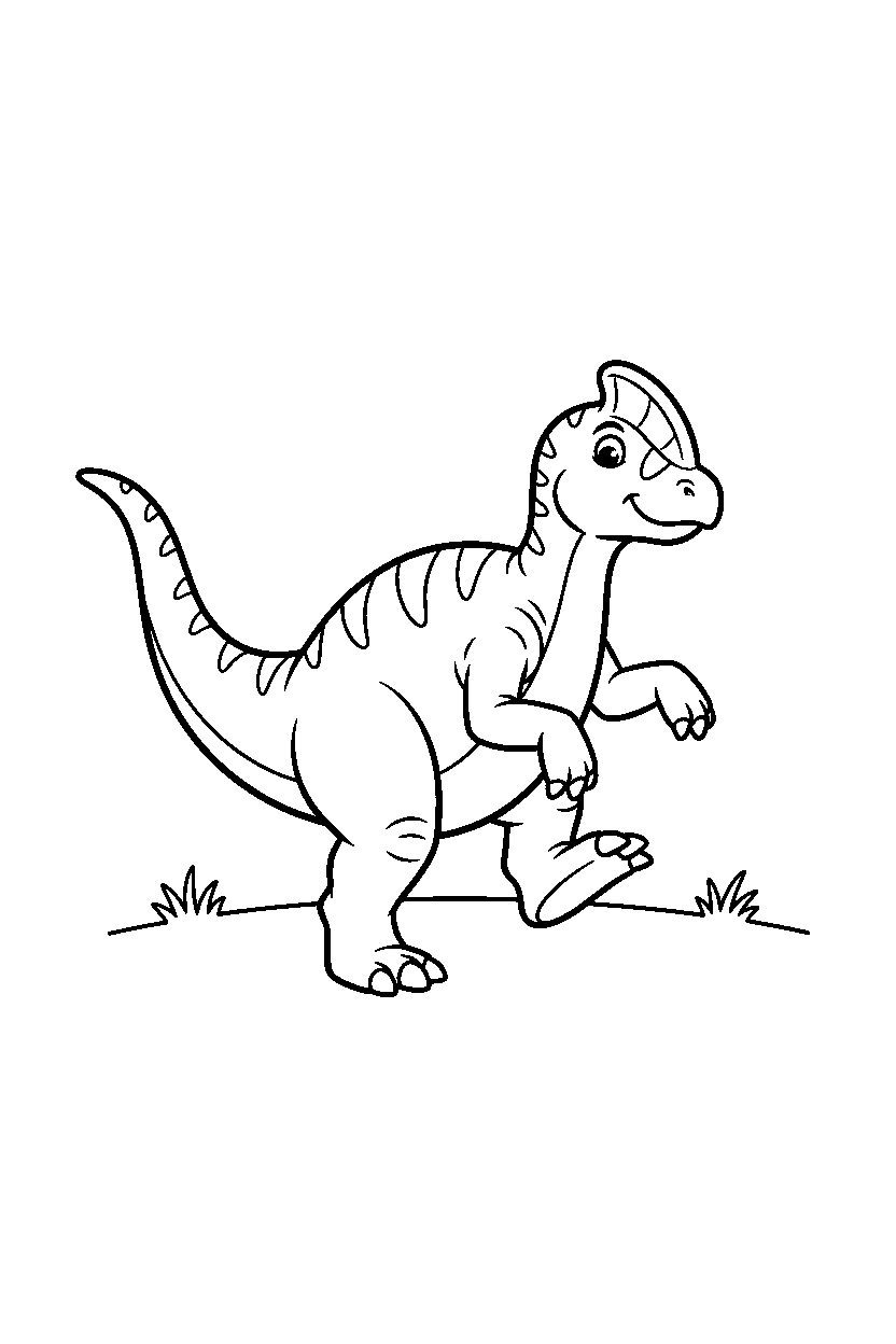saurolophus dinosaur stomping playfully near a grassy hill line art