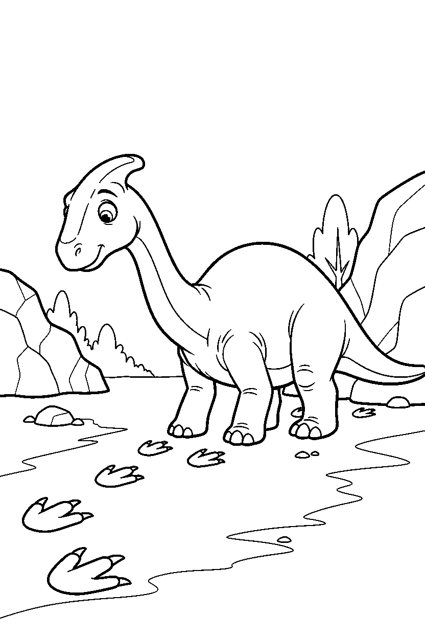 saurolophus dinosaur wandering curiously near dinosaur footprints line art
