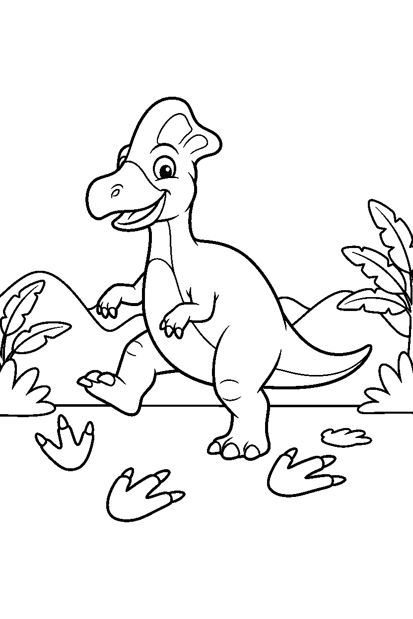 saurolophus marching playfully near dinosaur footprints line art