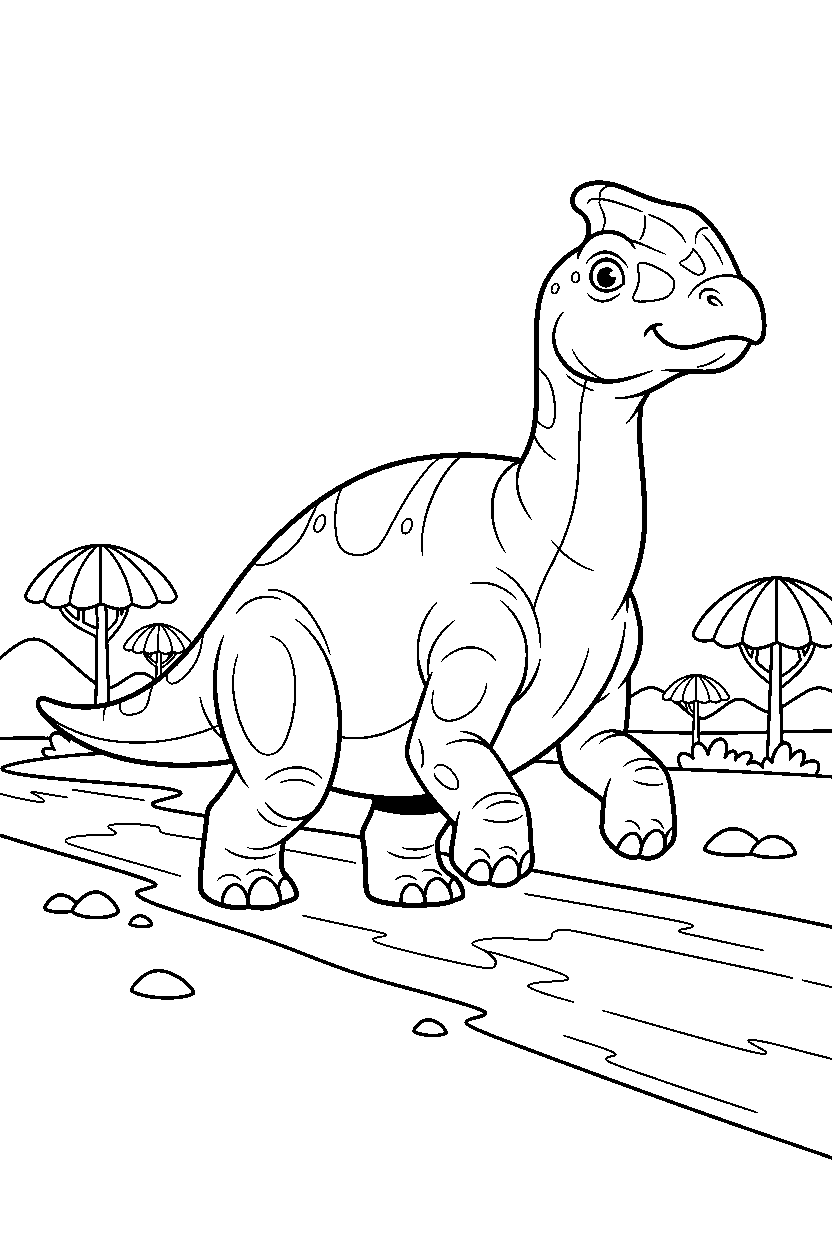 saurolophus walking proudly on a muddy trail line art