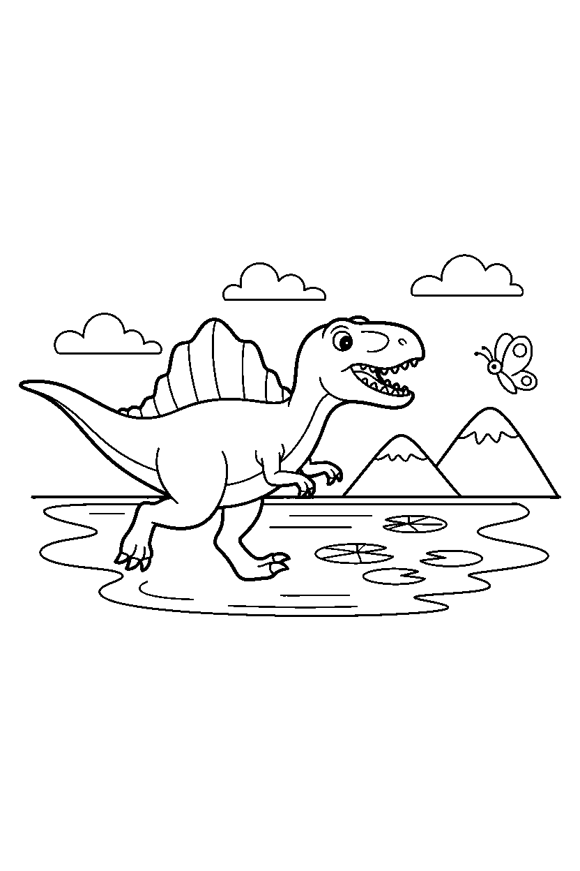 spinosaurus dinosaur chasing a butterfly by a lake line art