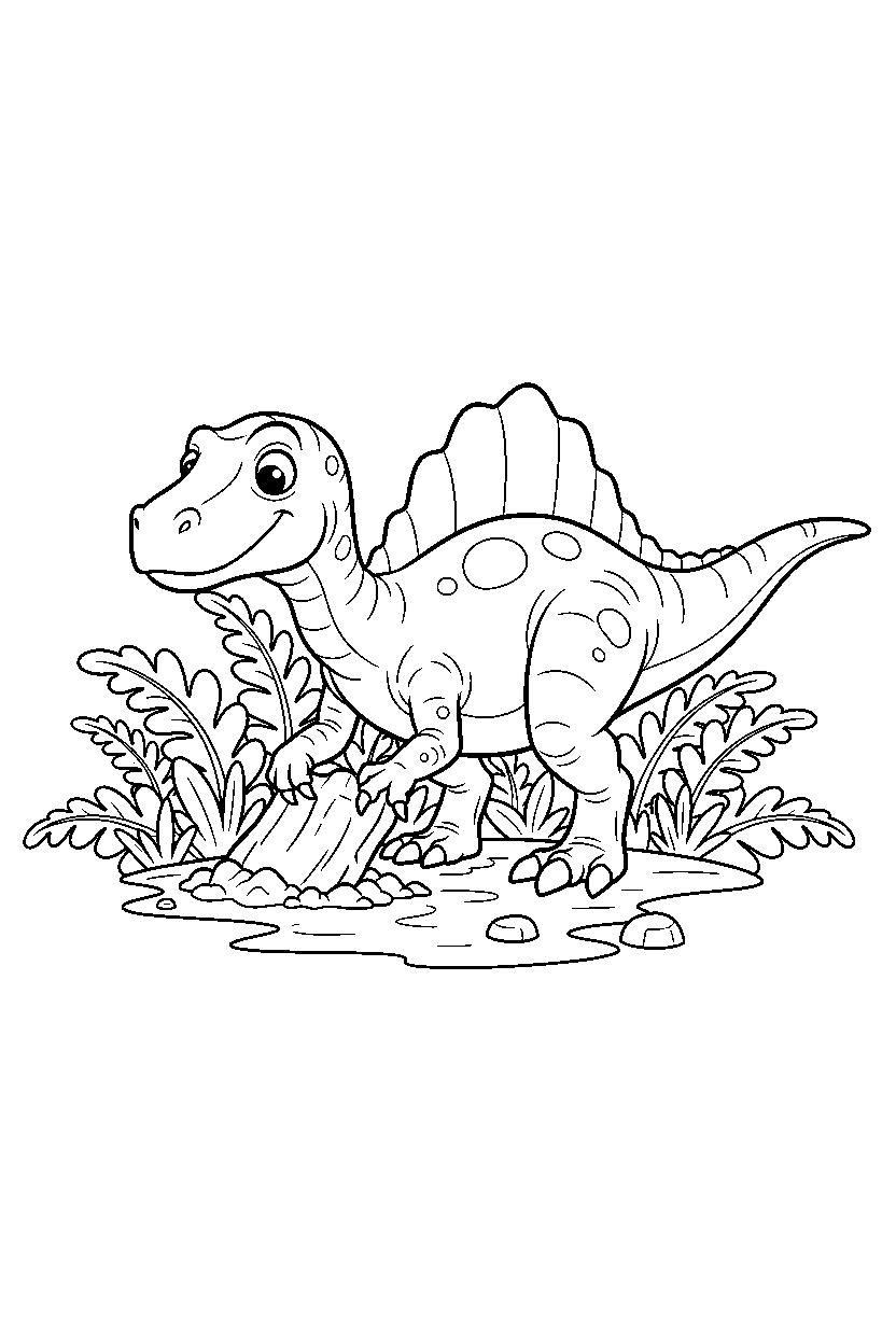 spinosaurus dinosaur digging the ground under giant ferns line art