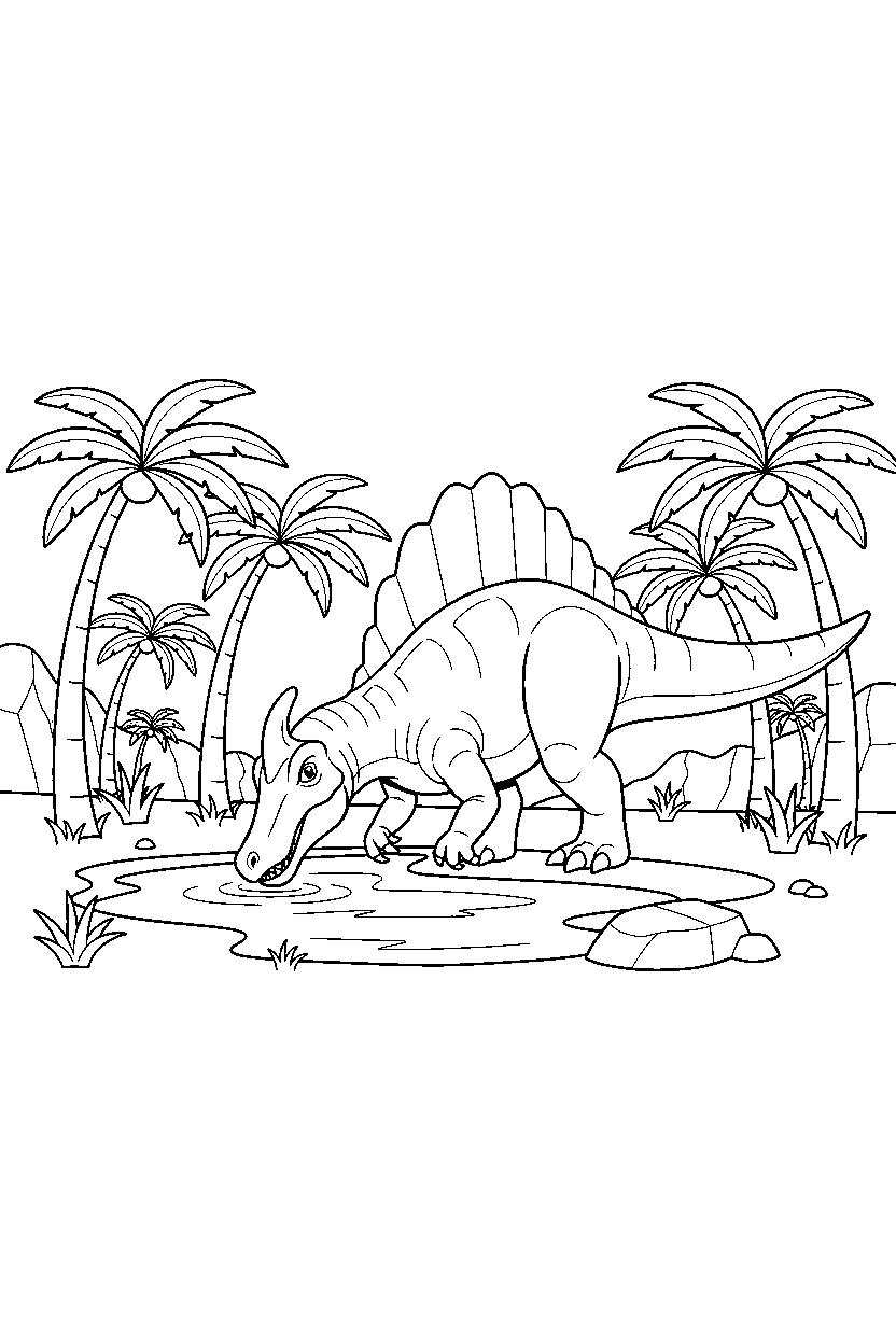 spinosaurus dinosaur drinking water in a palm grove line art