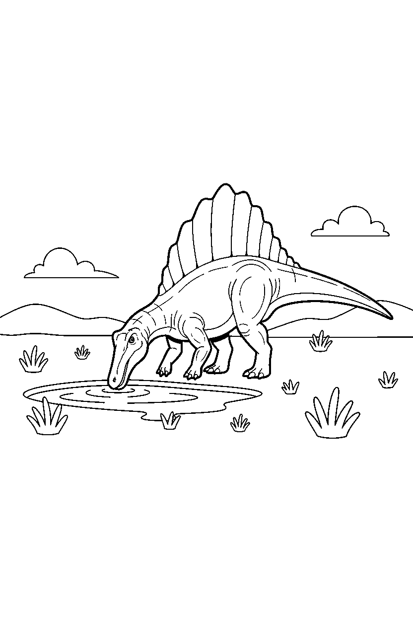 spinosaurus dinosaur drinking water on a grassy plain line art