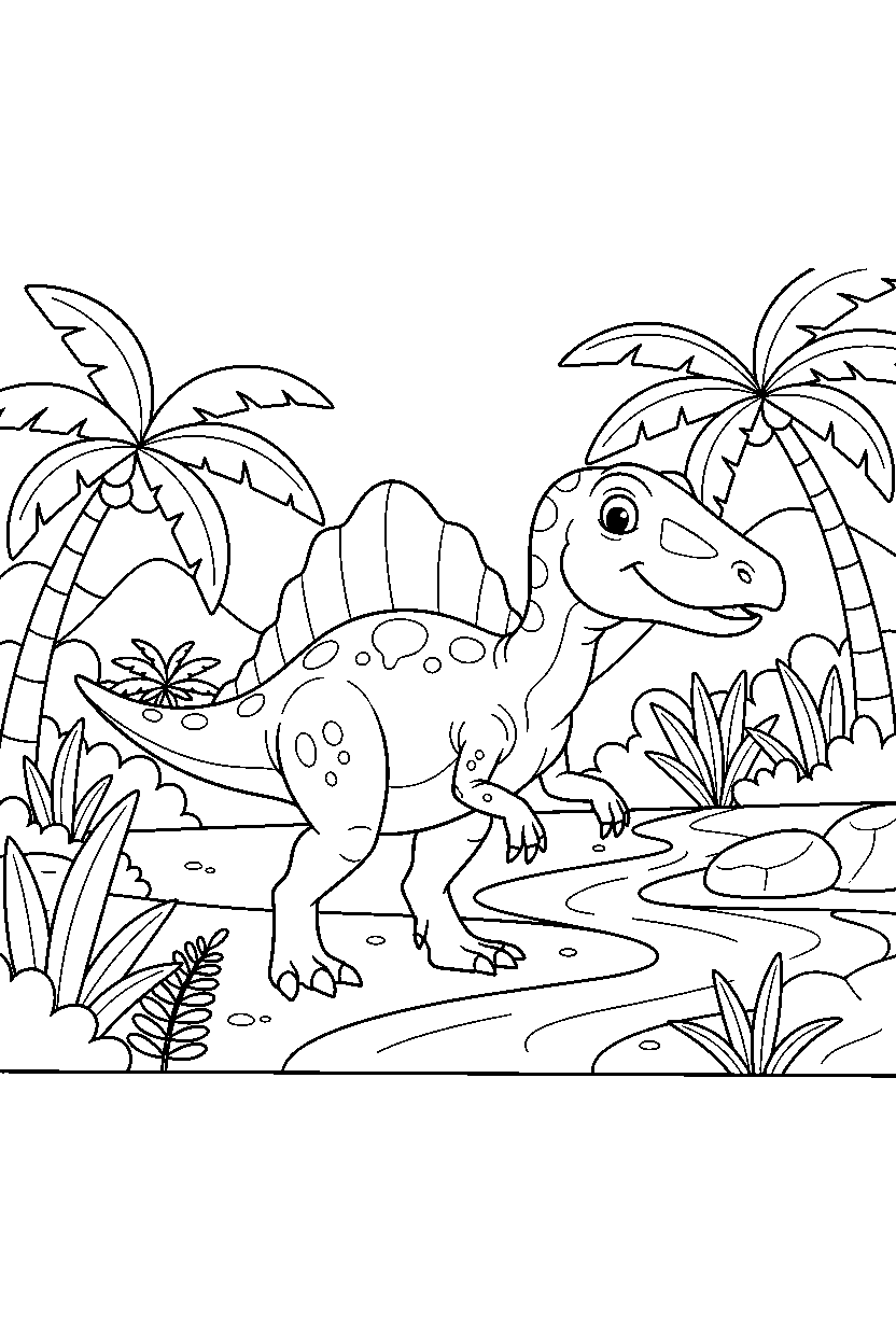 spinosaurus dinosaur exploring curiously in a lush valley line art