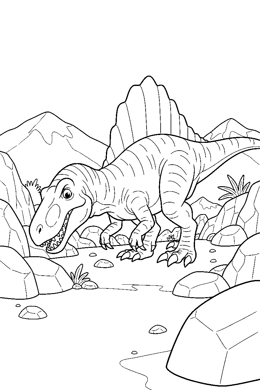 spinosaurus dinosaur exploring curiously in a rocky field line art